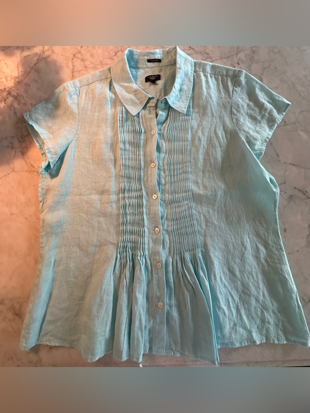 Talbots Turquoise Pintuck Linen Button-Down Top LP Like New!